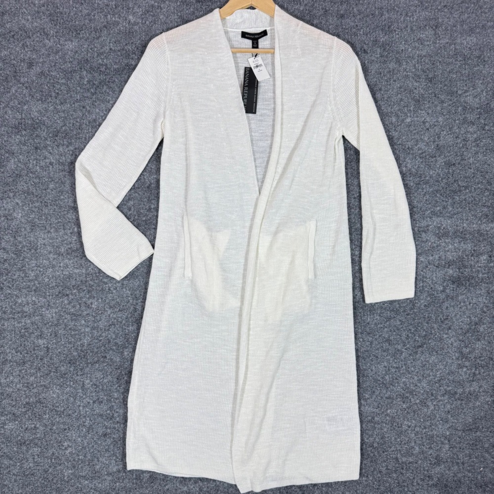 Banana Republic Duster Cardigan Open Front Womens S Petite White Linen Blend NWT